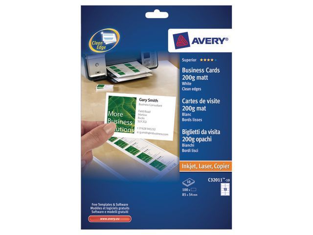 Avery Quick & Cleanu2122 visitekaartje 85 x 54 mm, mat, 200 g/mu00b2, C32011, Inkjet/ Laser (pak 100 stuks)