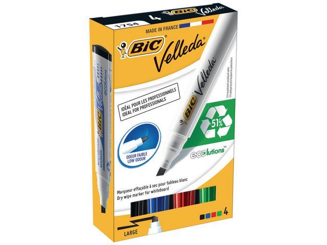 BiC Velledau00ae Liquid Ink whiteboardmarker, grote ronde punt van 5 mm, lijndikte 2,3 mm, assorti: zwart, blauw, rood, groen (pak 4 stuks)