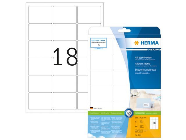 Herma Premium adresetiketten, 63,5 x 46,6 mm, 25 vel, 18 etiketten per A4, mat wit (pak 450 stuks)