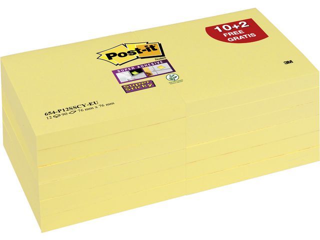 Post-itu00ae Super Sticky Notes Blok 76 x 76 mm, Kanariegeel, 12 stuks, 90 vellen (pak 12 x 90 vel)