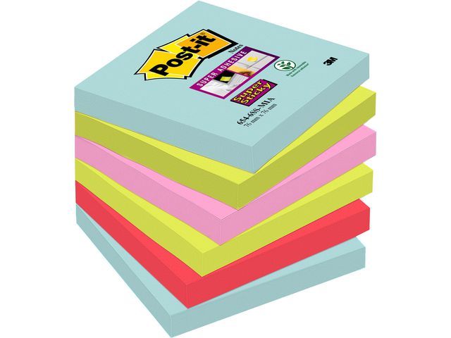 Post-itu00ae Super Sticky Notes blok, 76 x 76 mm, kleurencollectie Miami, 90 vellen (pak 6 stuks)