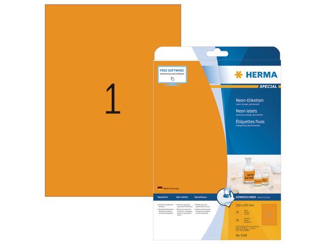 Herma Etiket Fluor oranje* pak 25 etiketten 210 x 297 mm (pak 20 stuks)