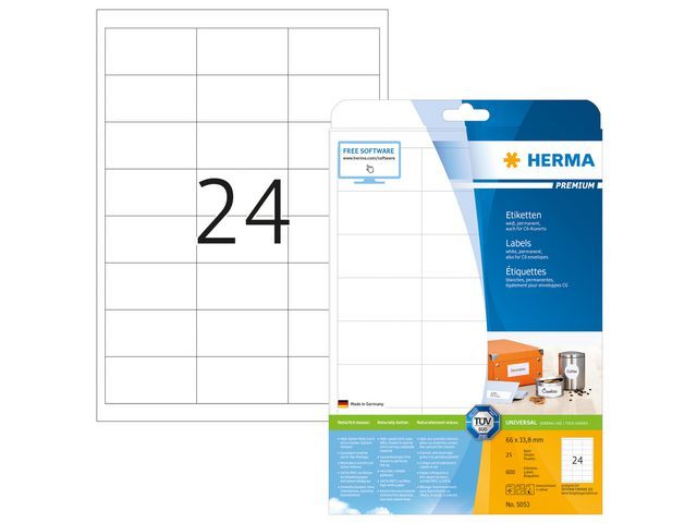 HERMA PREMIUM etiketten met rechte hoeken (kleinverpakking) 66x33,8 mm, 5053 (verpakking 600 stuks)
