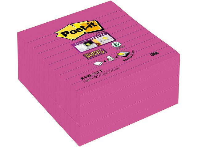 Post-itu00ae Blok gelinieerde Super Sticky Z-Notes, 101 x 101 mm, ultraroze, 90 vellen (pak 5 blokken)