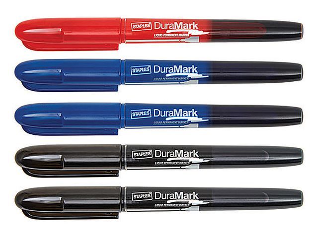 Staples DuraMark permanente marker, penstijl, verpakking van 5 stuks, diverse kleuren (pak 5 stuks)